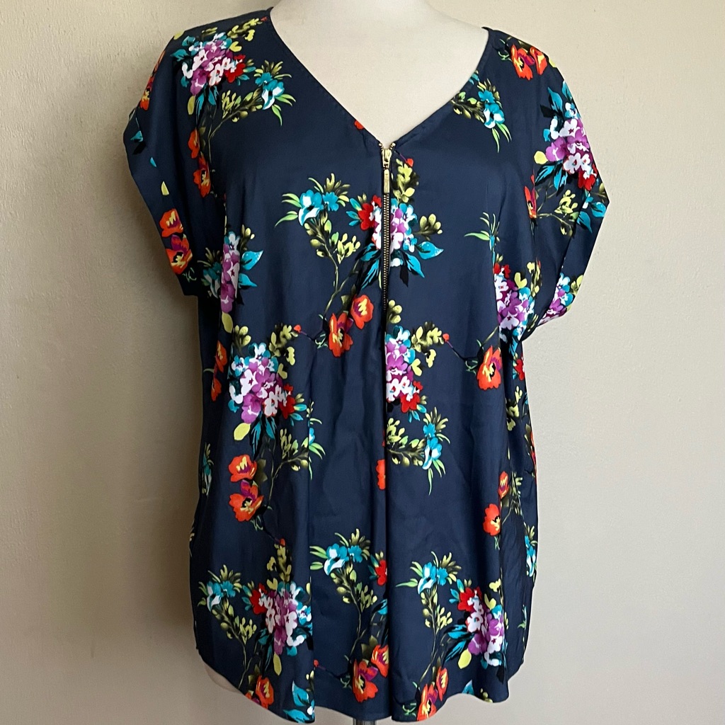 Express Floral Zip-Front Blouse - Black And Multicolor